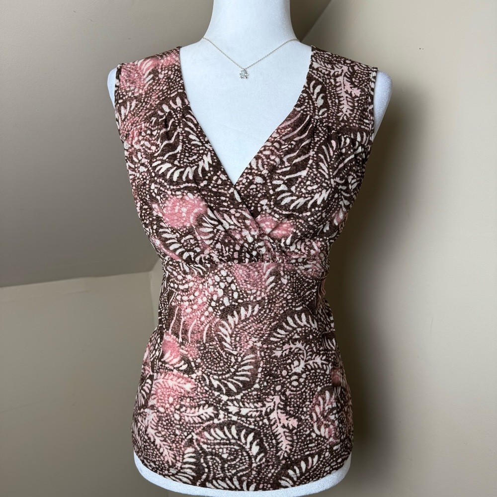 Cleo Brown and Pink Patterned Ruched‎ Boho Paisley Blouse Size L/G